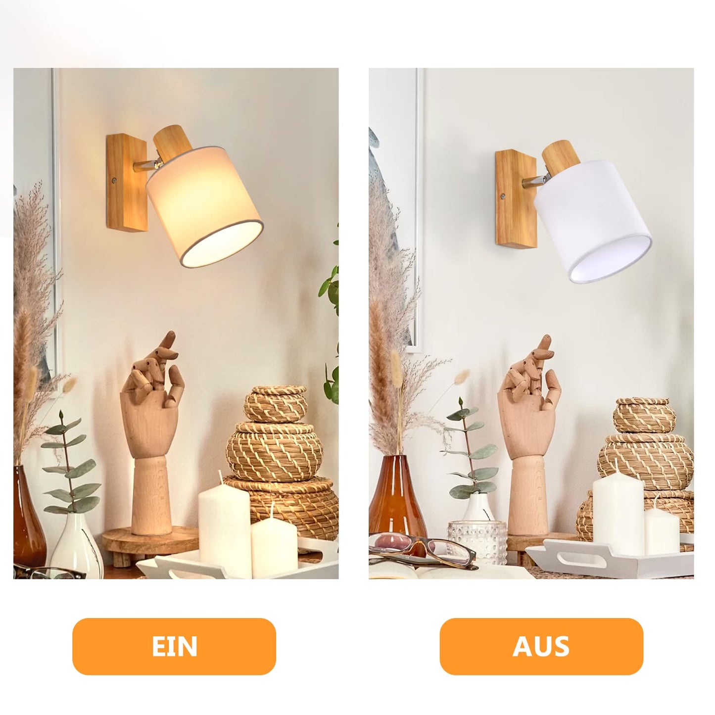 ZMH Wandleuchte Innen Wandstrahler Vintage - Holz Wandlampe Wandspot Retro E14 Schwenkbar Wandbeleuchtung Wand Lampen Industrial Stoffschrim MAX.40W f¨¹r flur K¨¹che, ohne Leuchtmittel