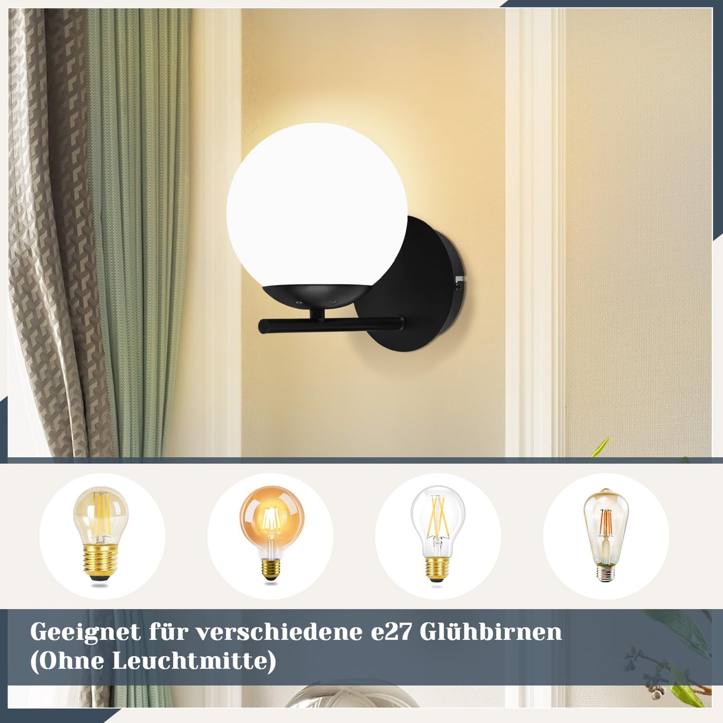 ZMH Wandleuchte Schwarz Wandlampe Innen - E27 Metall Design Modern aus Glas Bettlampe Wandbeleuchtung Badezimmer Vintage Flurlampe f¨¹r Wohnzimmer Schlafzimmer Flur Kinderzimmer - Ohne Leuchtmittel