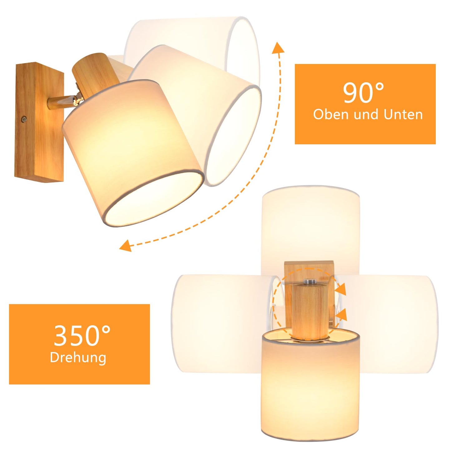 ZMH Wandleuchte Innen Wandstrahler Vintage - Holz Wandlampe Wandspot Retro E14 Schwenkbar Wandbeleuchtung Wand Lampen Industrial Stoffschrim MAX.40W f¨¹r flur K¨¹che, ohne Leuchtmittel