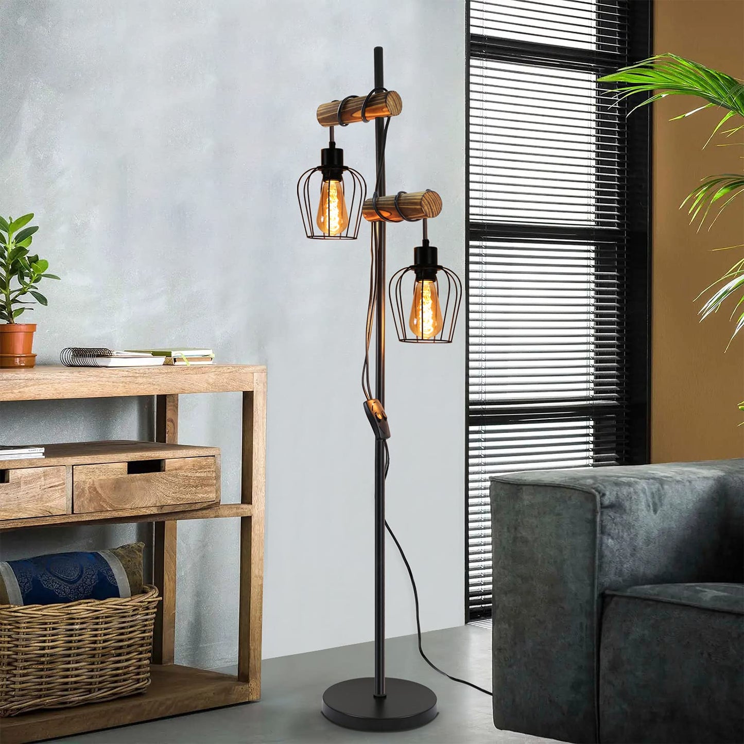 ZMH Vintage Stehlampe Wohnzimmer 2 flammige Holz Retro Standleuchte im Industrial Design aus Metall und Holz - inkl. Schalter - Schwarz - Fassung: E27 - H?he: 151cm - ohne Leuchtmittel
