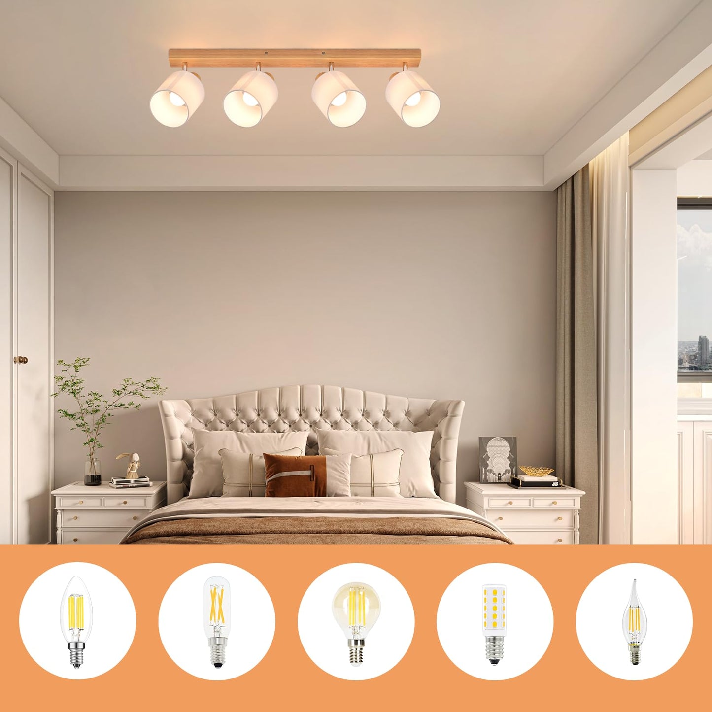 ZMH Deckenstrahler 4 Flammig Deckenlampe Wohnzimmer - Holz Deckenleuchte Modern Deckenspot E14 Schwenkbar 350¡ã MAX.25W k¨¹chenlampe Stoffschrim f¨¹r Schlafzimmer K¨¹che Flur (ohne Leuchtmittel)