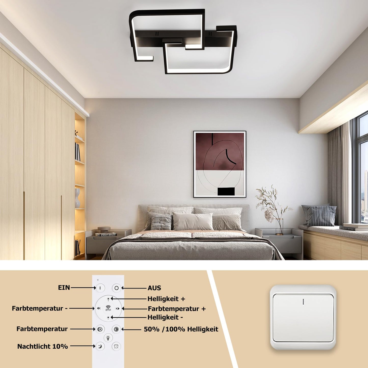 ZMH Deckenlampe LED Deckenleuchte Wohnzimmer Dimmbar mit Fernbedienung 45W 60CM Schwarz Wohnzimmerlampe aus Metall Modern Design Schlafzimmerlampe f¨¹r Schlafzimmer Esszimmer K¨¹chen Arbeitszimmer
