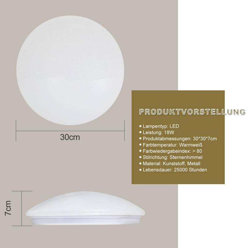 ZMH Deckenlampe LED Deckenleuchte Schlafzimmer - 18W Schlafzimmerlampe Sternenhimmel Warmwei? ?30cm Rund Bad Deckenbeleuchtung IP44 Wasserdicht Badlampe f¨¹r Wohnzimmer Kinderzimmer K¨¹che Flur