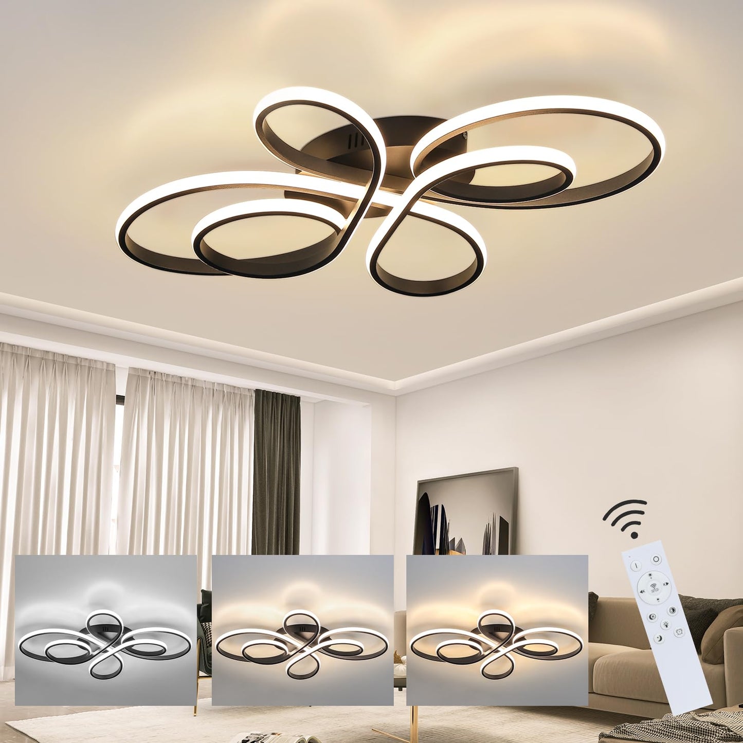 ZMH Deckenlampe LED Deckenleuchte Dimmbar - Wohnzimmerlampe Gro? 100cm Wohnzimmer 90W Modern Schwarz Schlafzimmerlampe mit Fernbedienung Design Deckenbeleuchtung f¨¹r Esszimmer B¨¹ro K¨¹che
