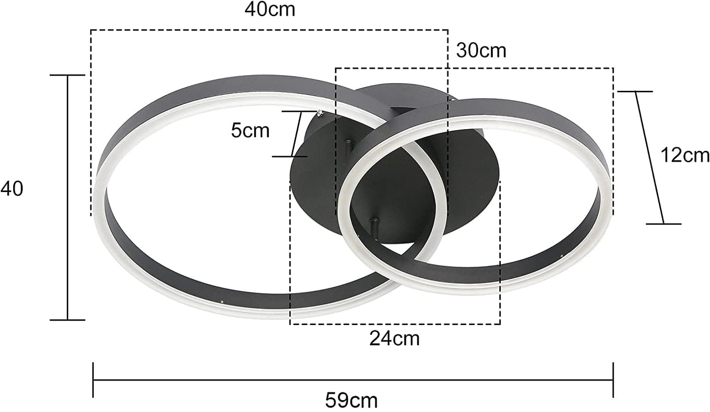 ZMH LED Deckenlampe Dimmbar Deckenleuchte Wohnzimmer Schwarz Wohnzimmerlampe Modern Schlafzimmerlampe 46W 2-Ringen f¨¹r Schlafzimmer Arbeitszimmer B¨¹ro K¨¹chen Hotel Restaurant Esszimmer- 59*40*12CM