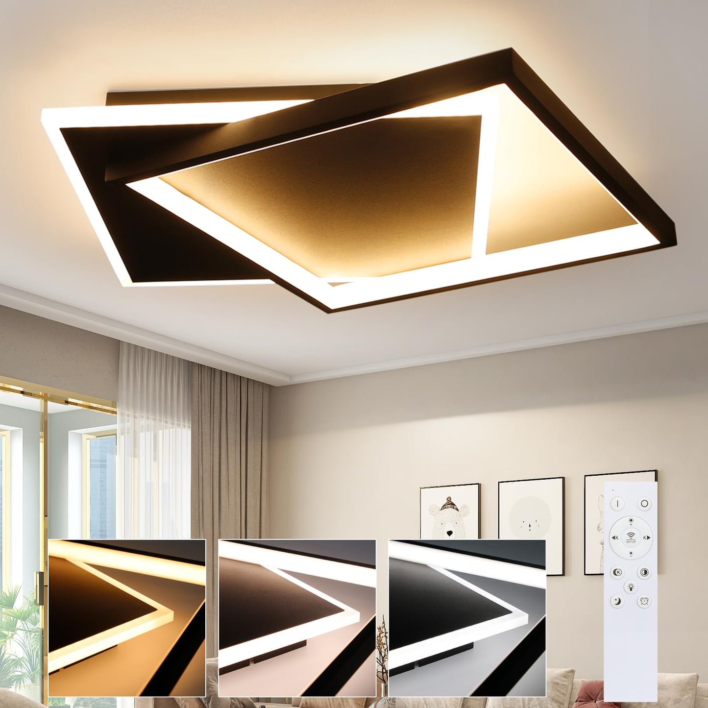 ZMH Deckenlampe LED Deckenleuchte Wohnzimmer: 44W Wohnzimmerlampe Schwarz Schlafzimmerlampe dimmbar mit Fernbedienung Modern Design K¨¹chenlampe Deckenbeleuchtung aus Metall f¨¹r Esszimmer B¨¹ro