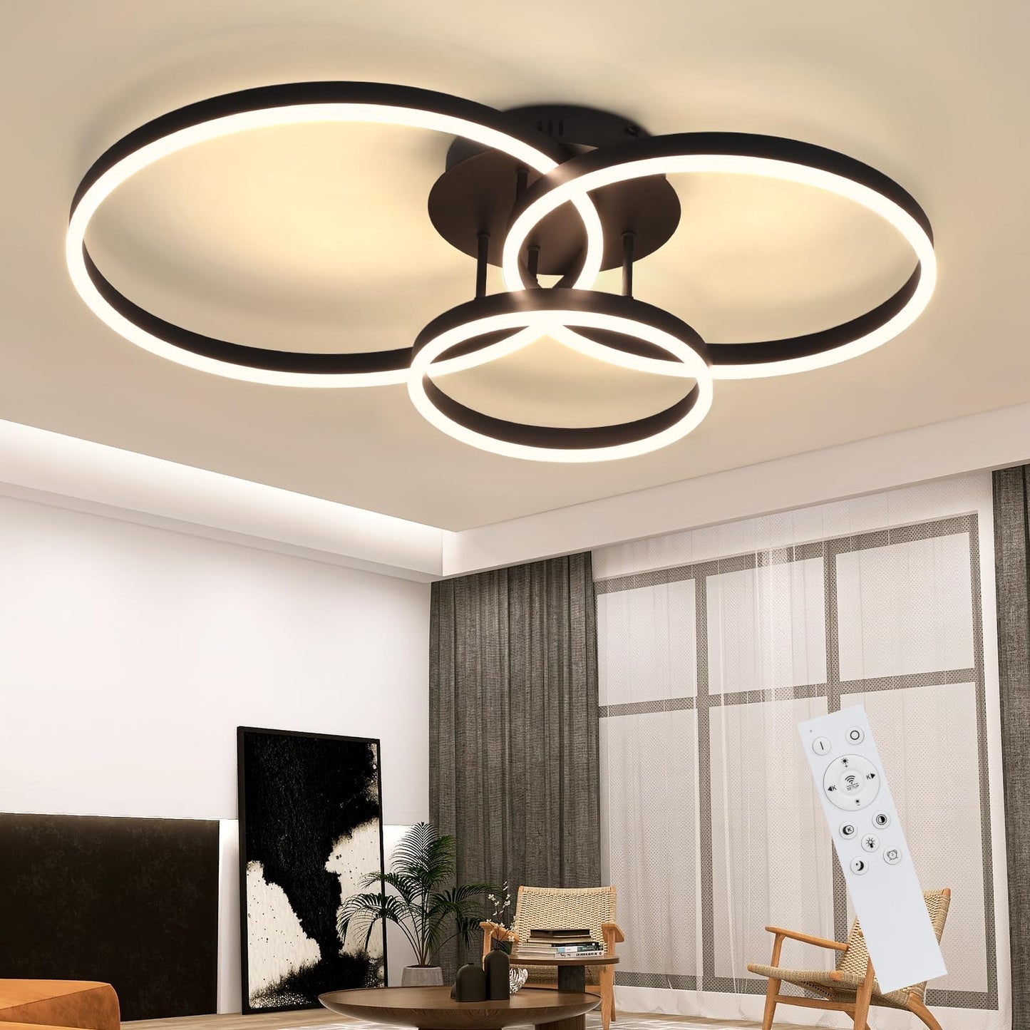 ZMH Deckenlampe LED Deckenleuchte Wohnzimmer - Schwarz Dimmbar 82CM Wohnzimmerlampe mit Fernbedienung 74W mit 3 Ringen Design aus Acryl f¨¹r Schlafzimmer B¨¹ro K¨¹che Arbeitszimmer Hotel