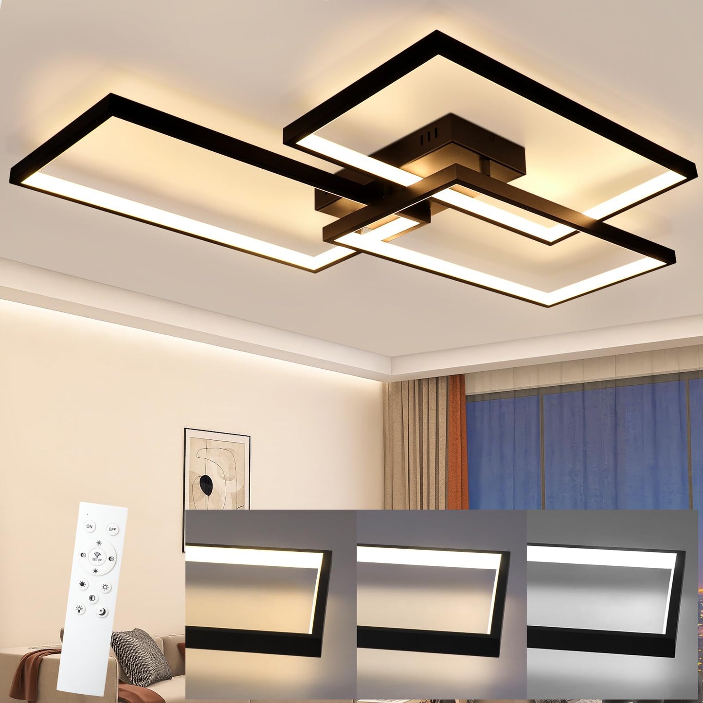 ZMH LED Deckenleuchte Wohnzimmer Deckenlampe - Schwarz 80CM 72W Modern Wohnzimmerlampe Dimmbar mit Fernbedienung Schlafzimmerlampe Rechteck Metall-Design f¨¹r Schlafzimmer Kinderzimmer k¨¹chen