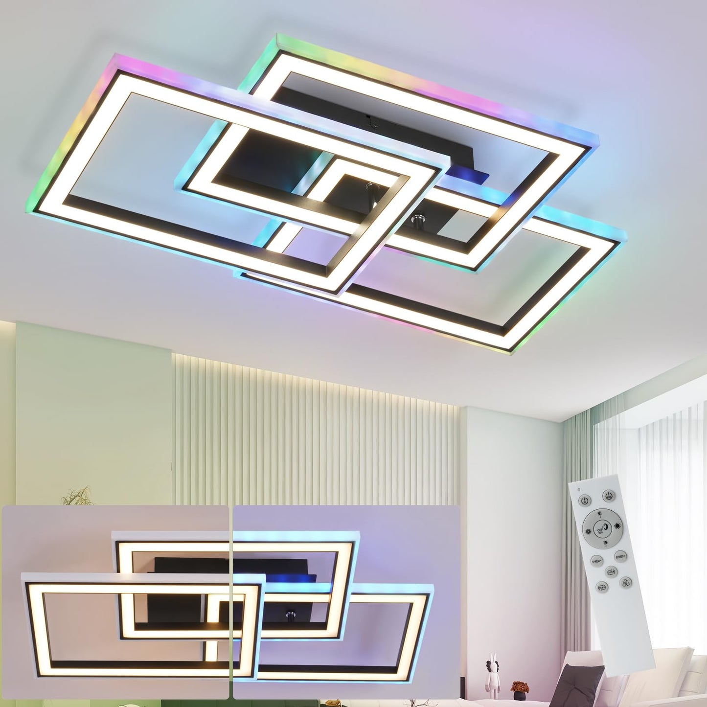 ZMH Deckenlampe LED Deckenleuchte Wohnzimmer - 45W Wohnzimmerlampe Schwarz Modern Schlafzimmerlampe Dimmbar mit Fernbedienung RGB Farbwechsel Schlafzimmer Deckenbeleuchtung Geometrisch f¨¹r K¨¹che