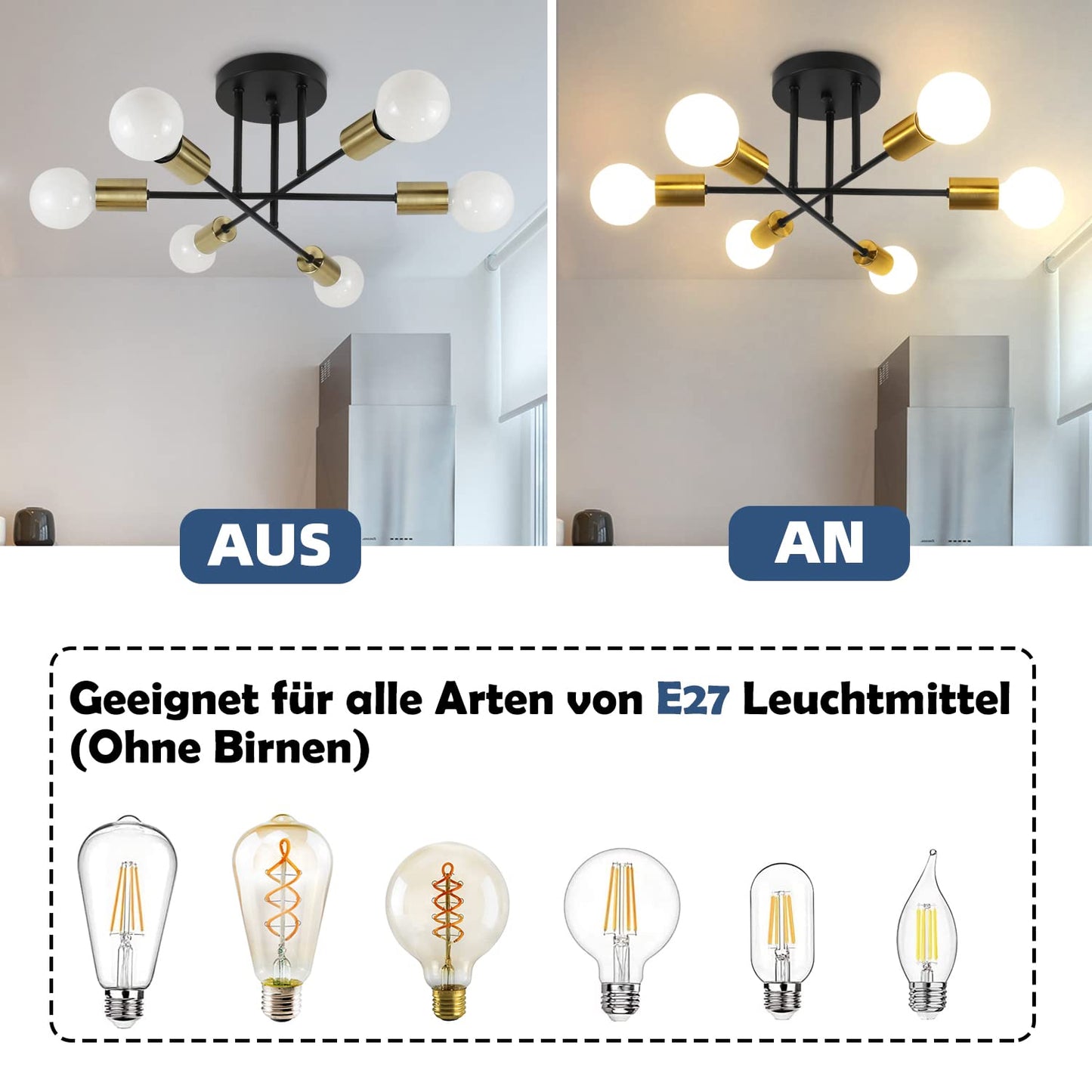 ZMH 2ER Deckenlampe Vintage Deckenleuchte E27-6 Flammig Retro Wohnzimmerlampe Industrial Schlafzimmerlampe Gold aus Metall f¨¹r Schlafzimmer K¨¹che Esszimmer Wohnzimmer