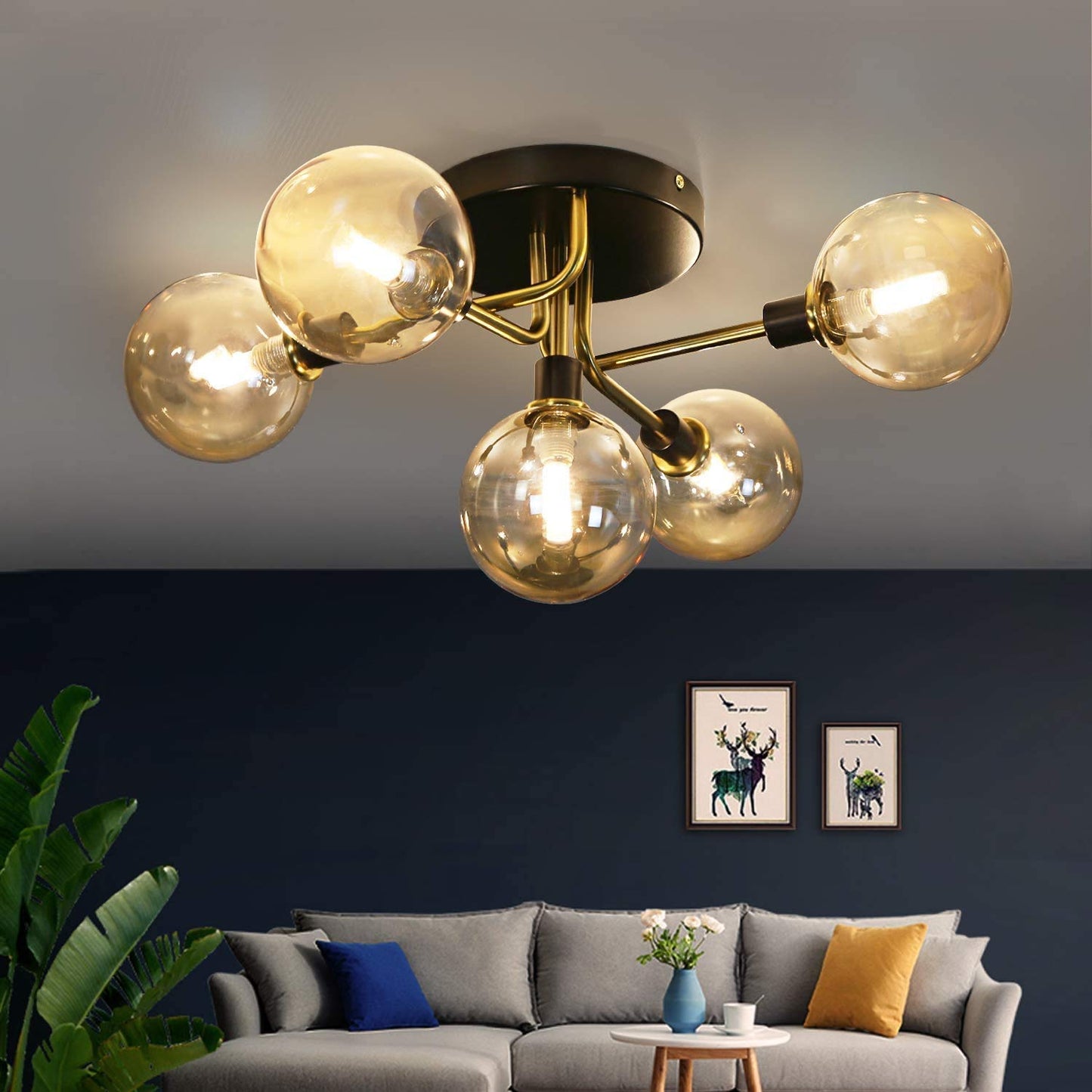 ZMH Kronleuchter Glaskugel Deckenlampe Wohnizimmer - Deckenleuchte Schlafzimmer Vintage Wohnzimmerlampe G9 Retro Schalfzimmerlampe Esszimmer 5 Flammig f¨¹r Arbeitszimmer B¨¹ro K¨¹che (ohne Leuchtmittel)