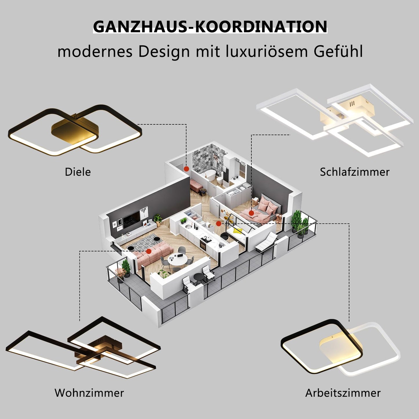 ZMH LED Deckenleuchte Wohnzimmer Deckenlampe - Schwarz 80CM 72W Modern Wohnzimmerlampe Dimmbar mit Fernbedienung Schlafzimmerlampe Rechteck Metall-Design f¨¹r Schlafzimmer Kinderzimmer k¨¹chen