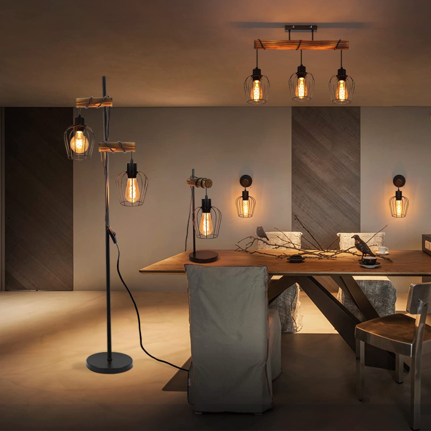 ZMH Vintage Stehlampe Wohnzimmer 2 flammige Holz Retro Standleuchte im Industrial Design aus Metall und Holz - inkl. Schalter - Schwarz - Fassung: E27 - H?he: 151cm - ohne Leuchtmittel