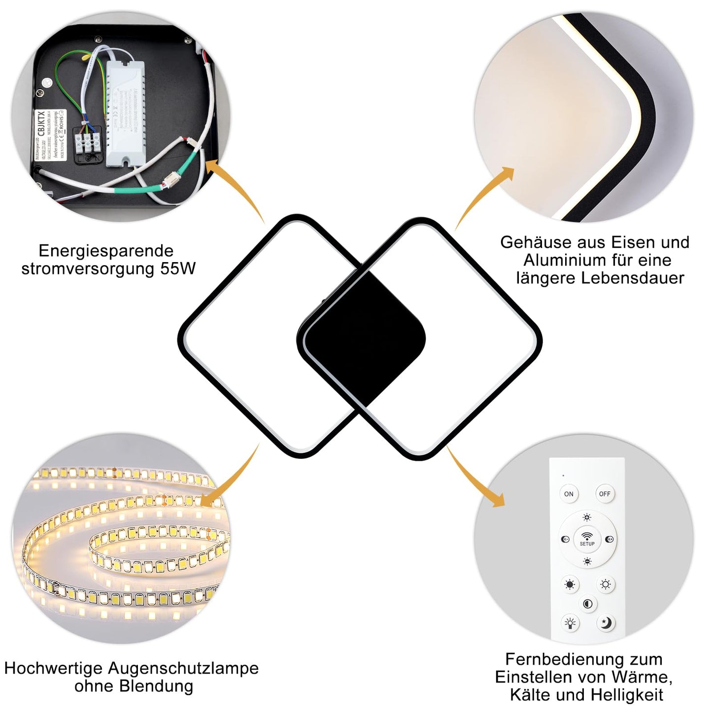 ZMH LED Deckenleuchte Wohnzimmer Deckenlampe - Schwarz Modern Wohnzimmerlampe 55W 43CM Dimmbar mit Fernbedienung Schlafzimmerlampe Metall Design k¨¹chenlampe f¨¹r Schlafzimmer Kinderzimmer