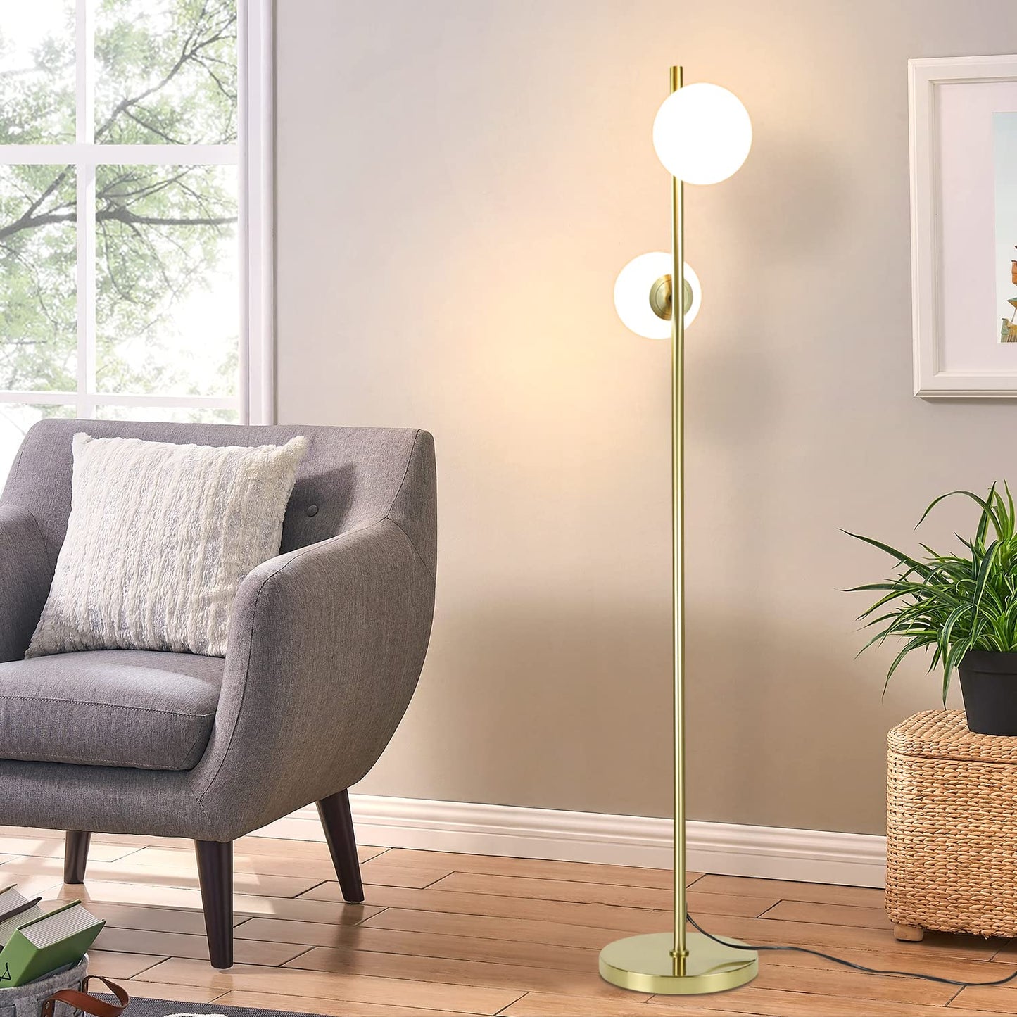 ZMH Stehlampe Wohnzimmer Modern Stehleuchte - Gold Design Standleuchte E27 Fassung Standlampe mit Fu?schalter Bettlampe Glas-Lampenschirm Leselampe f¨¹r Schlafzimmer-166cm(Leuchtmittel nicht inkl.)