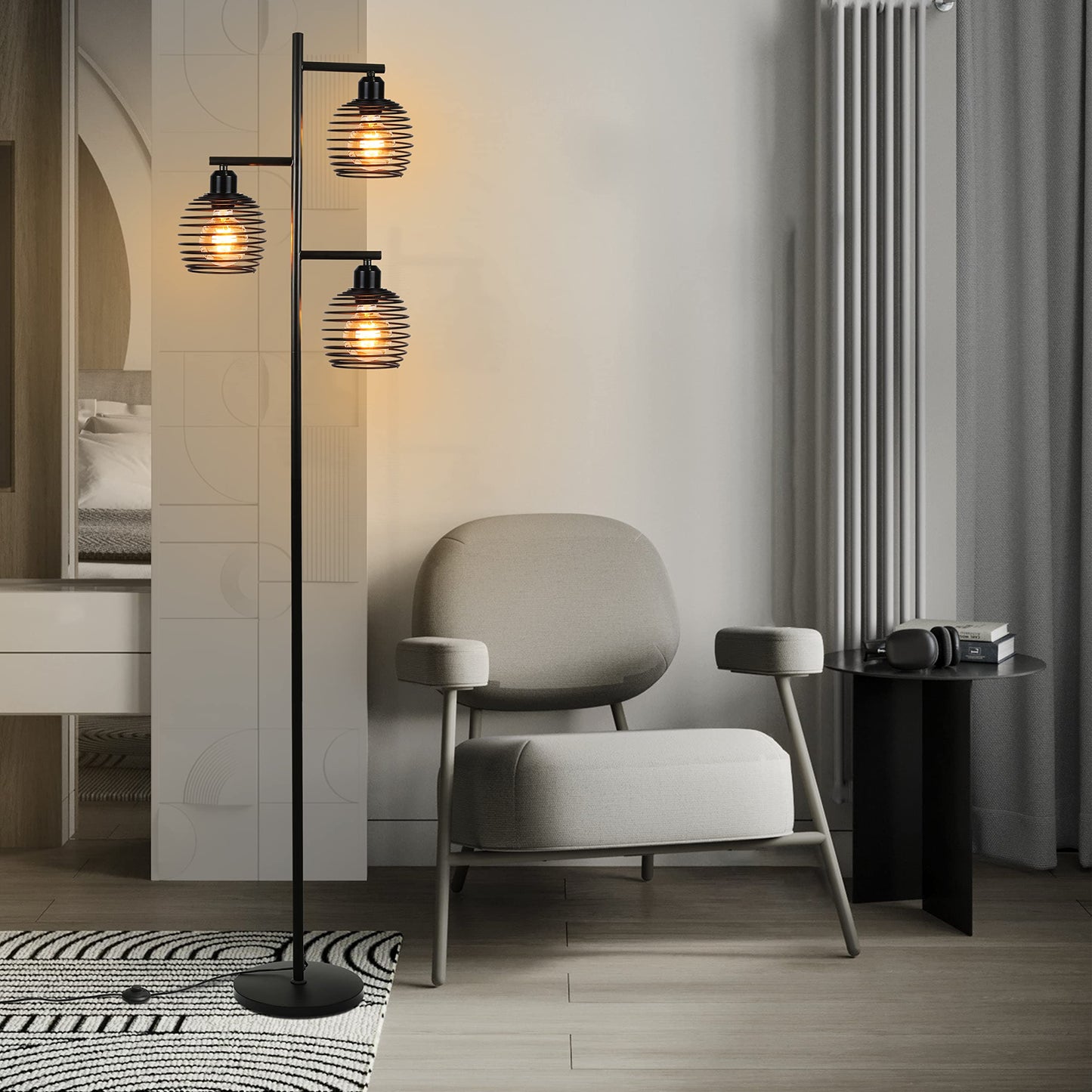 ZMH Stehlampe Wohnzimmer Stehleuchte Vintage - Retro Standlampe aus Metall e27 Fassung 3 flammige Max. 25W Schwarz industrial Standleuchte f¨¹r Schlafzimmer Sessel Bett H?he: 152CM inkl. Fu?schalter