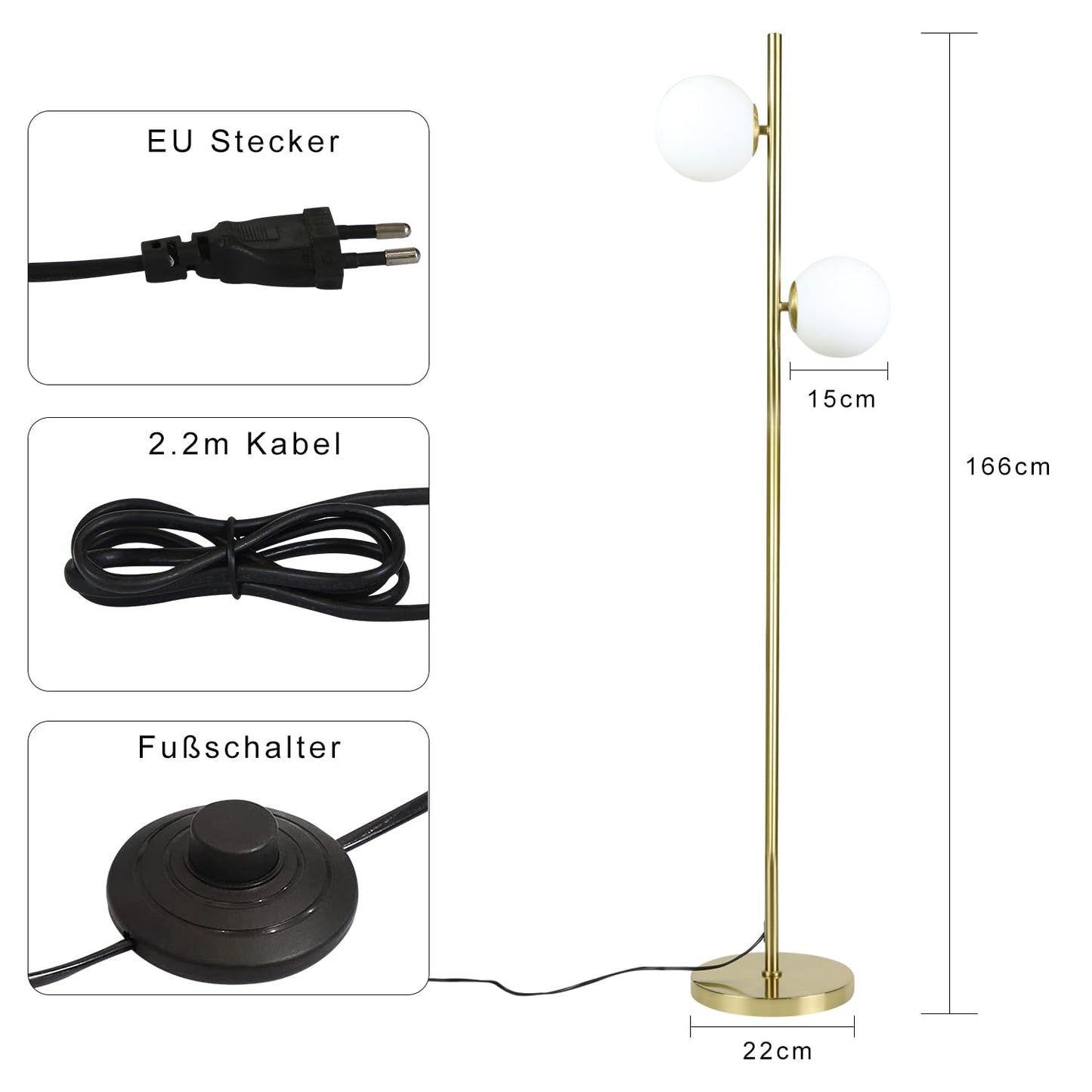 ZMH Stehlampe Wohnzimmer Modern Stehleuchte - Gold Design Standleuchte E27 Fassung Standlampe mit Fu?schalter Bettlampe Glas-Lampenschirm Leselampe f¨¹r Schlafzimmer-166cm(Leuchtmittel nicht inkl.)