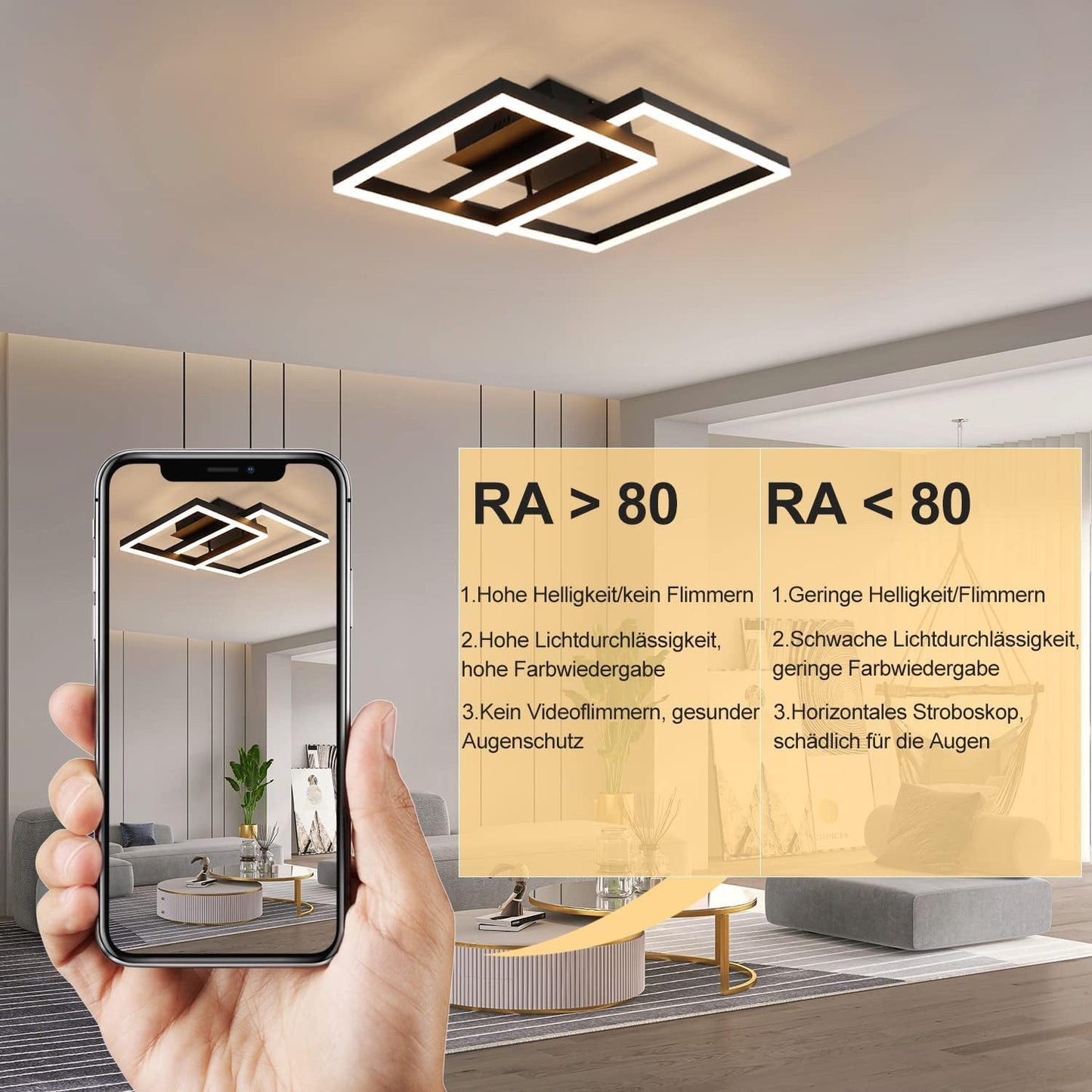 ZMH Deckenlampe LED Deckenleuchte Wohnzimmer - Schlafzimmerlampe Schwarz 61CM Wohnzimmerlampe Dimmbar Modern Design mit Fernbedienung 50W Deckenbeleuchtung f¨¹r Schlafzimmer K¨¹che B¨¹ro Esszimmer Flur