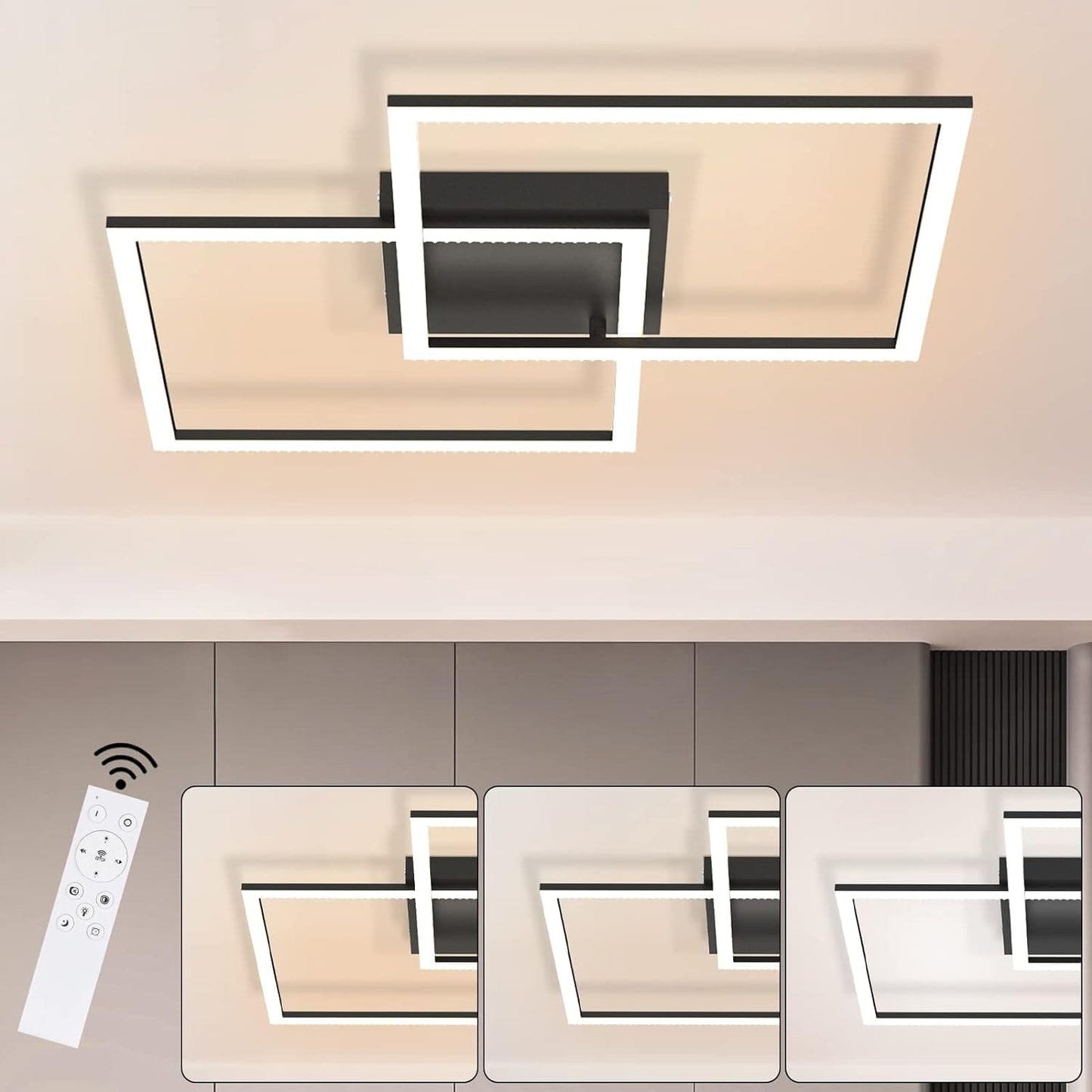 ZMH Deckenlampe LED Wohnzimmer Deckenleuchte: Dimmbar Schwarz Wohnzimmerlampe mit Fernbedienung Schlafzimmerlampe Modern Design K¨¹chenlampe 52W Flurlampe f¨¹r Schlafzimmer K¨¹che Flur Esszimmer
