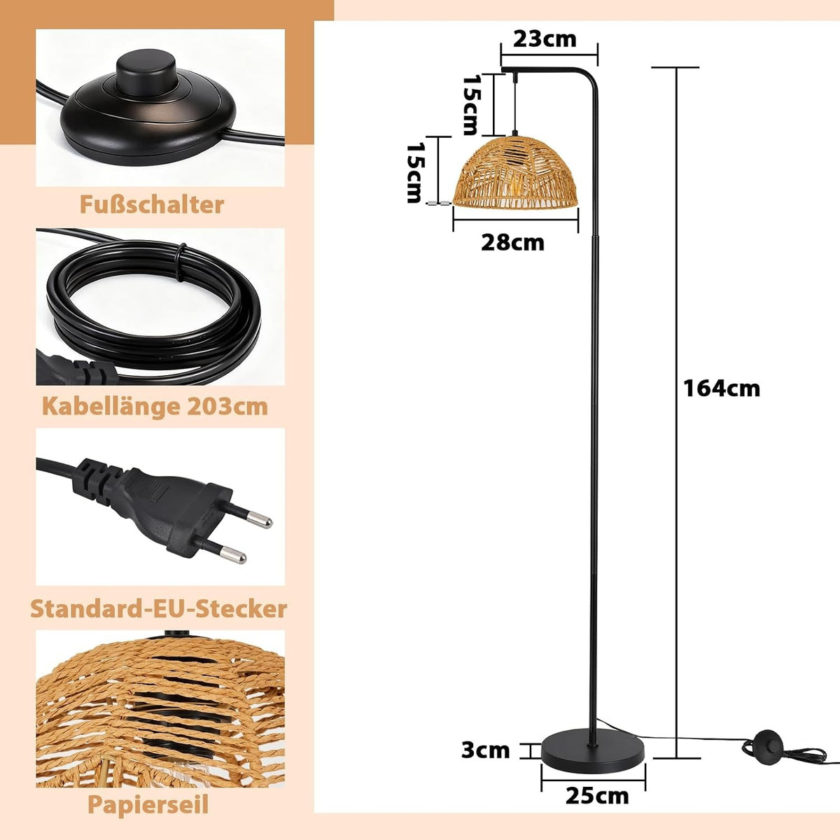 ZMH Stehlampe Rattan Stehleuchte Boho Standlampe 1 Flammig