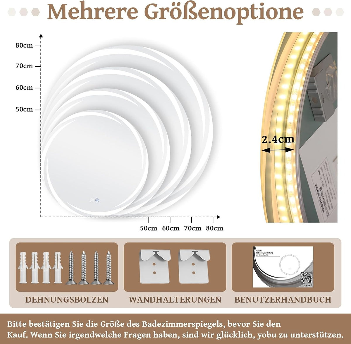 ZMH Badezimmerspiegel mit Beleuchtung Rund,Runder 80cm LED Badspiegel