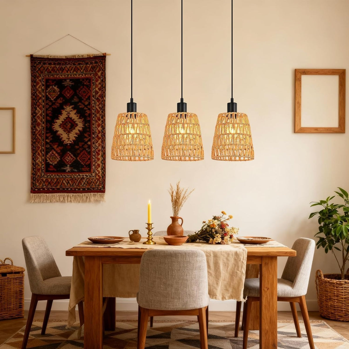 ZMH Hängelampe Boho Pendelleuchte Rattan 1 Flammig Esstischlampe