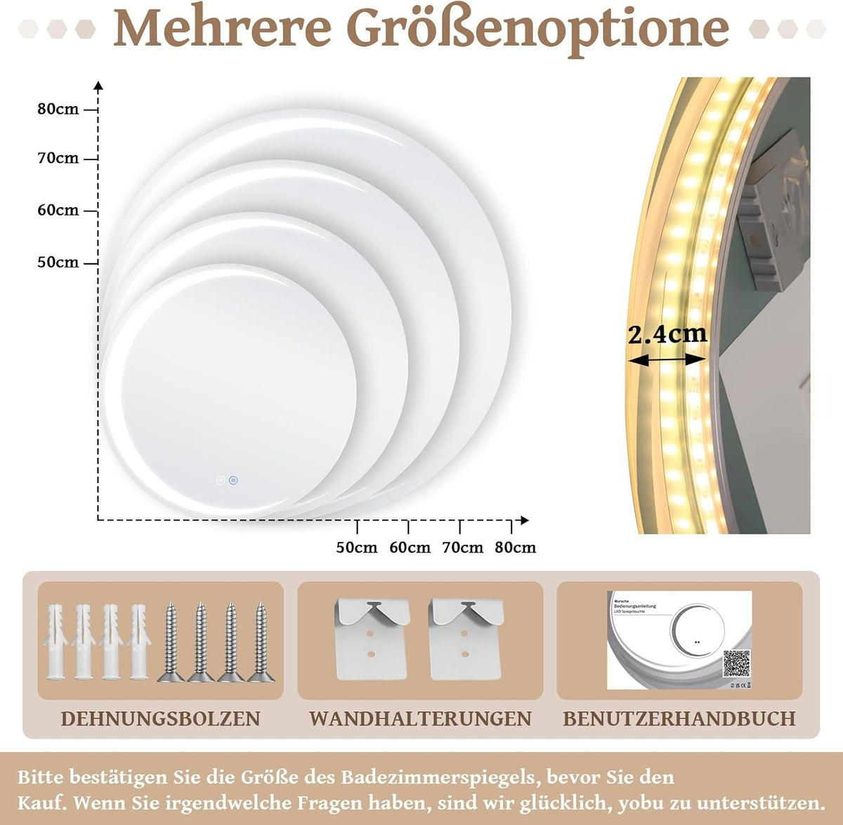 ZMH Badezimmerspiegel mit Beleuchtung Badspiegel Rund - Runder IP44 50cm LED Spiegel mit Touch Dimmbar Rundspiege Beschlagfrei Beleuchtet Bad mit Licht für Badezimmer WC