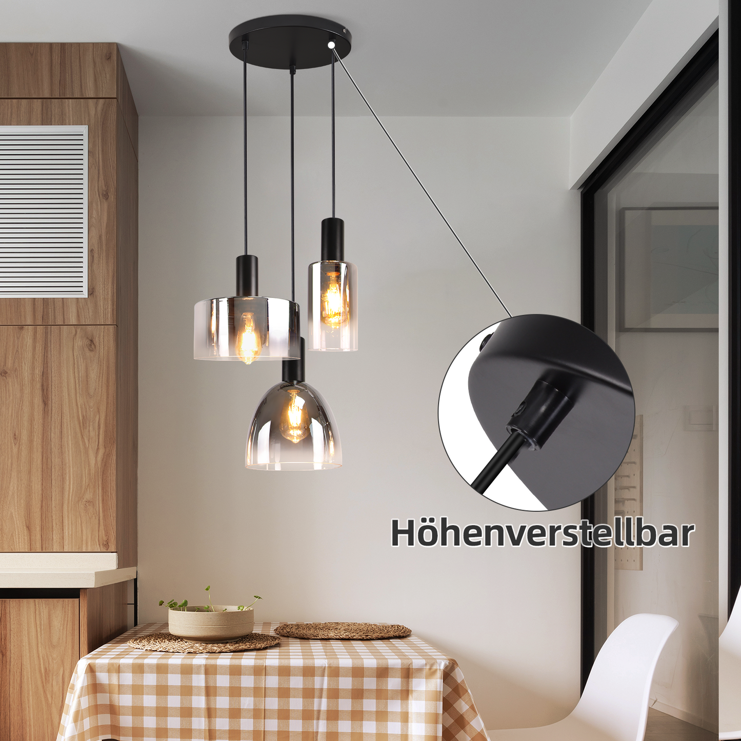 Pendelleuchte Wohnzimmer Hängelampe 3 Flammig Hängeleuchte-E27 Vintage Esszimmerlampe Hängend Pendellampe Höhenverstellbar Rauchgrau Glas für Schlafzimmer Wohnzimmer (ohne Leuchtmittel)