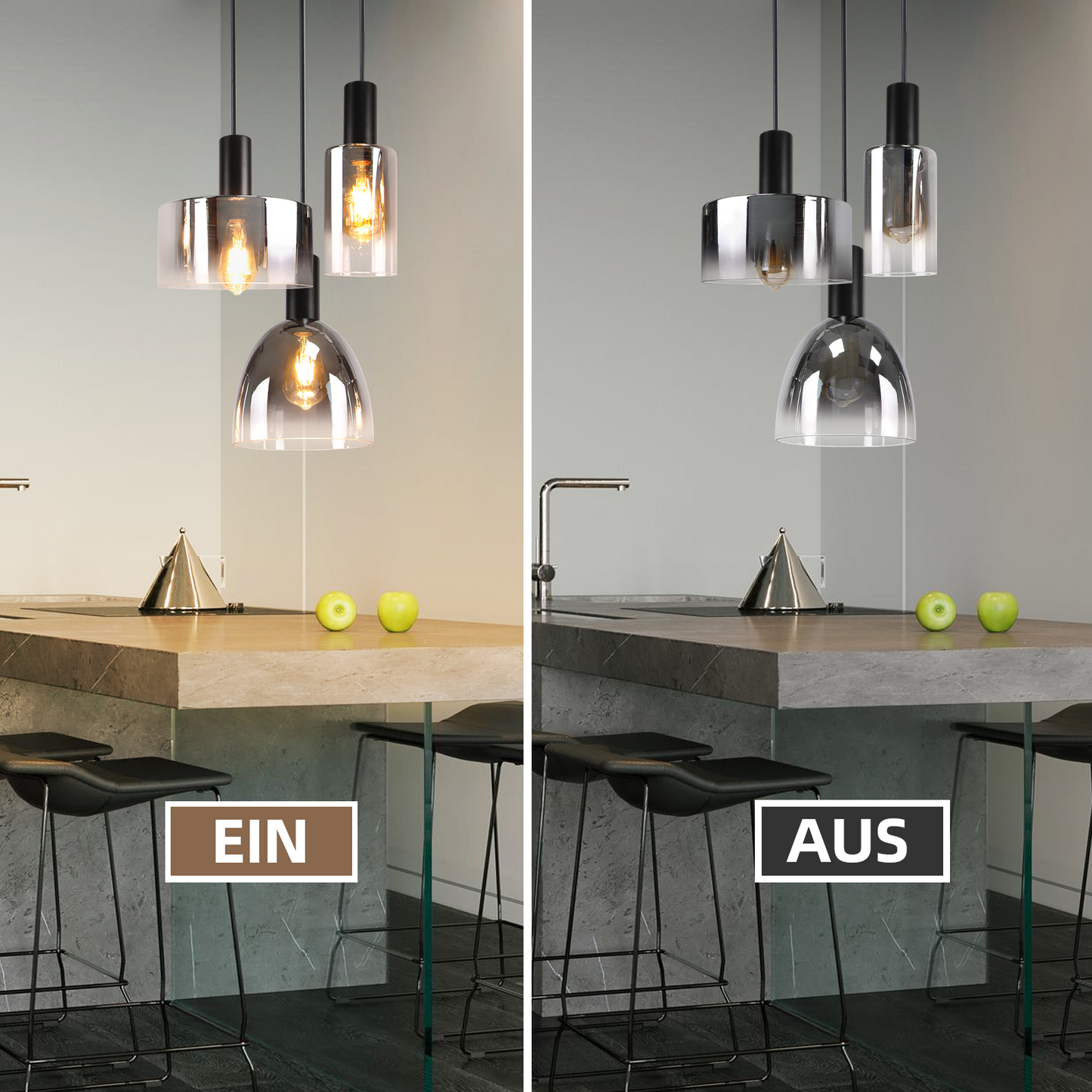 Pendelleuchte Wohnzimmer Hängelampe 3 Flammig Hängeleuchte-E27 Vintage Esszimmerlampe Hängend Pendellampe Höhenverstellbar Rauchgrau Glas für Schlafzimmer Wohnzimmer (ohne Leuchtmittel)