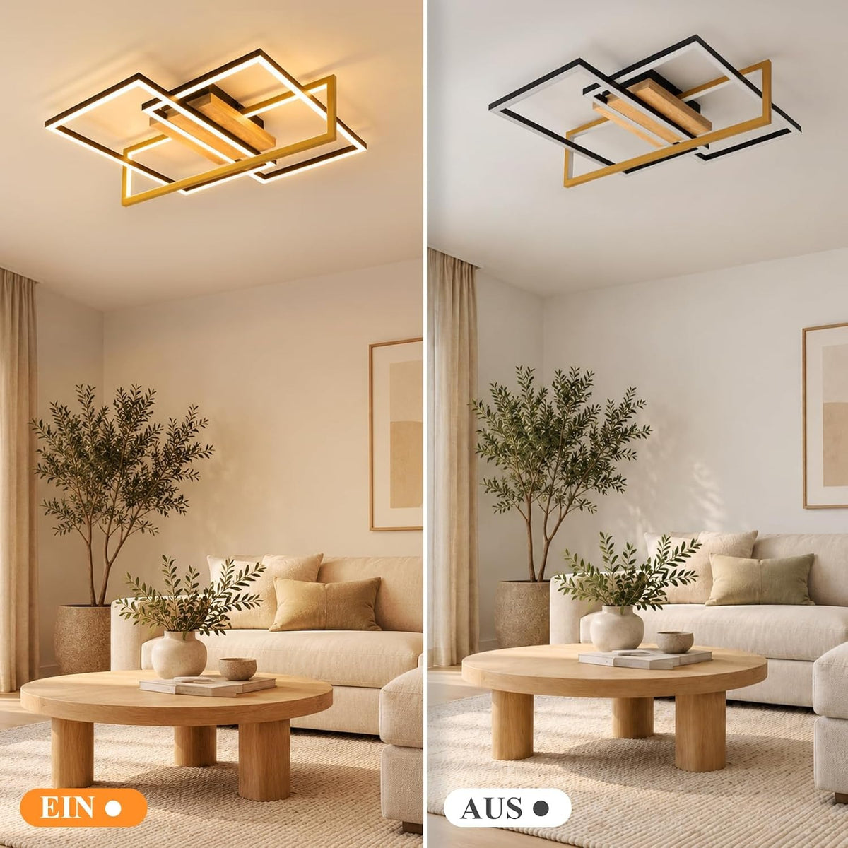 ZMH Deckenlampe Wohnzimmer LED Schwarz Deckenleuchte 46W Holz Küchenlampe