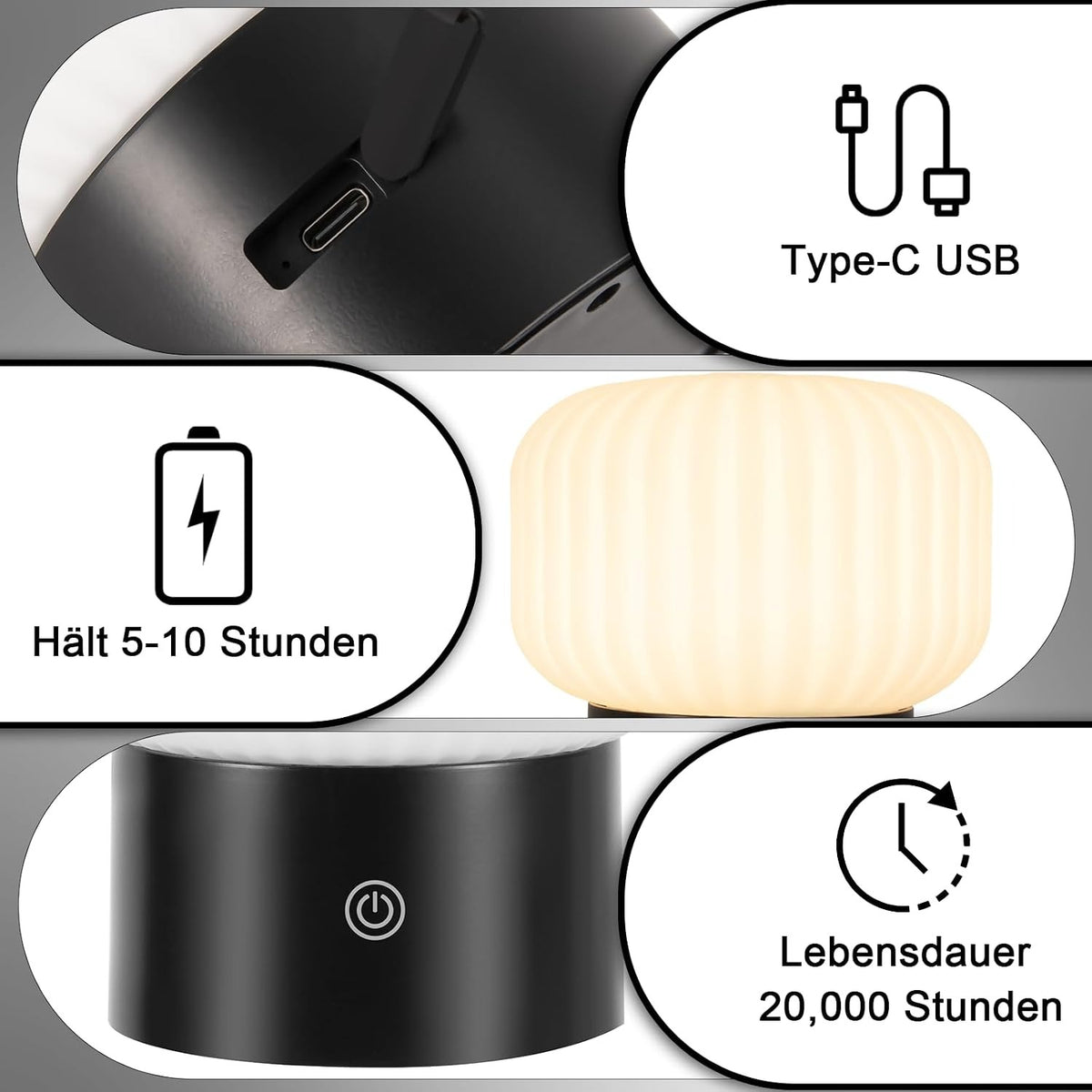 ZMH Tischlampe Kabellos Nachttischlampe Akku LED Aufladbar Tischleuchte Dimmbar