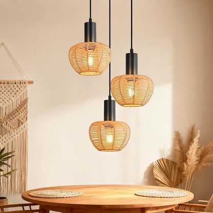 ZMH Hängelampe Boho Pendelleuchte Rattan 3-1 Flammig Esstischlampe