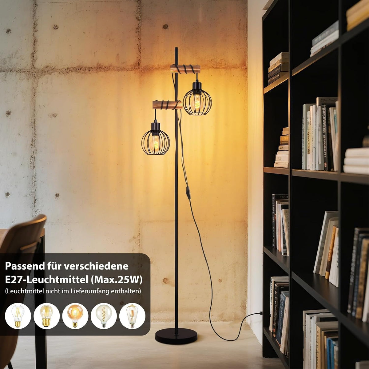 ZMH Stehlampe Wohnzimmer Holz Stehleuchte Schwarz im industrial Design