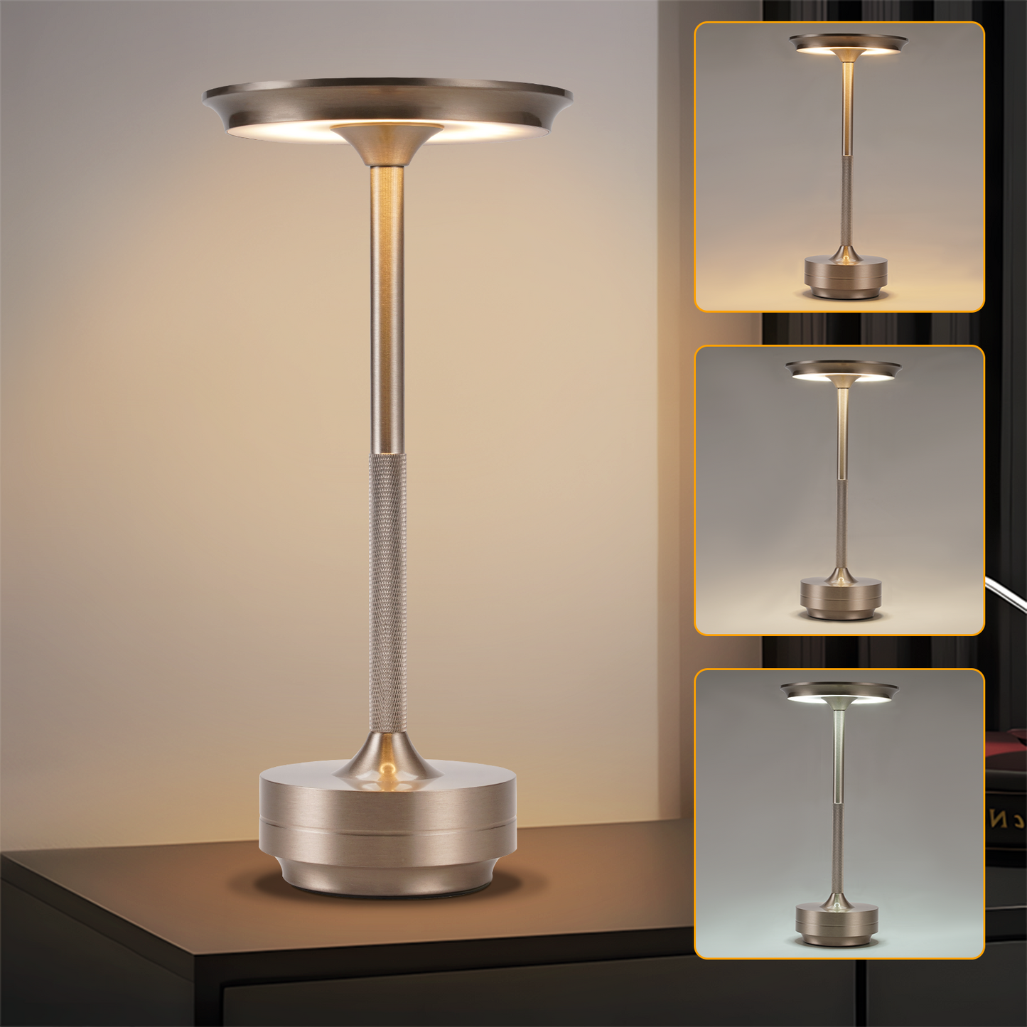 Nachttischlampe Kabellos Tischlampe Akku - LED Tischleuchte Touch Dimmbar Lampe mit USB Aufladbar Batterie Tischlampen Nickel f¨¹r Modern Fensterbank Wohnzimmer Kinderzimmer Schlafzimmer