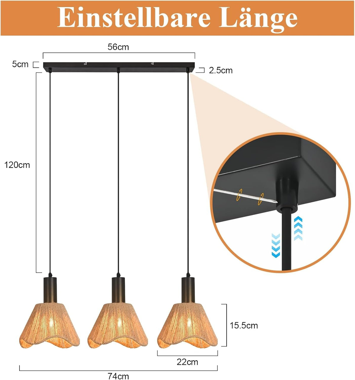 ZMH Hängelampe Boho Pendelleuchte Rattan 3 Flammig Esstischlampe