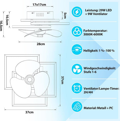 ZMH LED Deckenventilator mit Licht Modern Schwarz 29W Dimmbare
