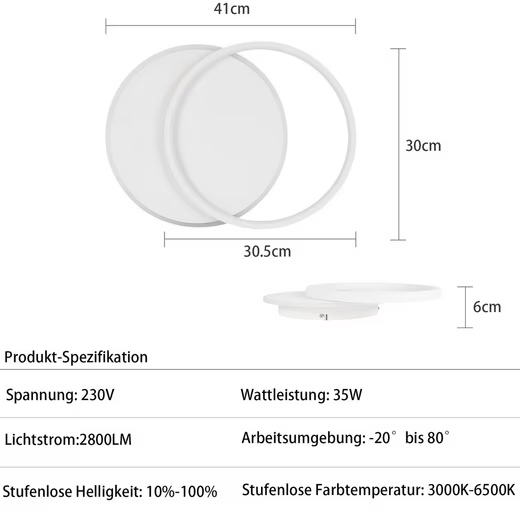 ZMH LED Deckenleuchte Wohnzimmer Dimmbar Deckenlampe mit 2 Rund Ring/Quradratisch, Augenschutz, LED fest integriert, Tageslichtweiß, 35W, 2800lm