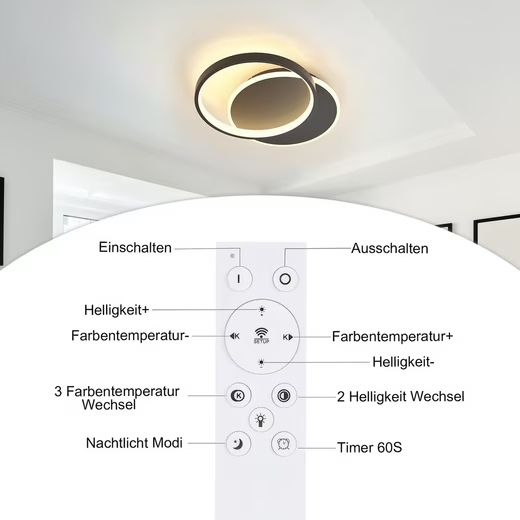 ZMH LED Deckenleuchte Dimmbar Fernbedienung Schwarz Deckenlampe 35W Modern Flach Rund 41CM, LED fest integriert, Warmweiß, Neutralweiß, Kaltweiß, Wohnzimmer Schlafzimmer Küche Schlafzimmer Flur Esszimmer