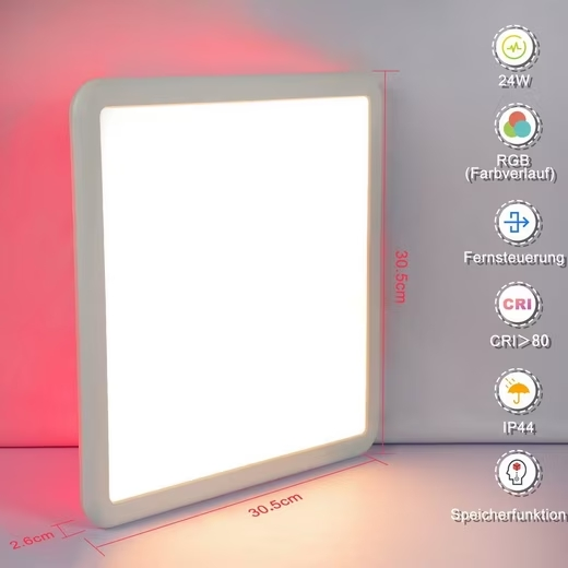 ZMH LED Panel Deckenleuchte Dimmbar mit Fernbedienung 24W IP44, RGB Farbwechsel,Dimmbar, LED fest integriert, Warmweiß, Neutralweiß, Kaltesweiß, für Schlafzimmer Kinderzimmer Küche Wohnzimmer