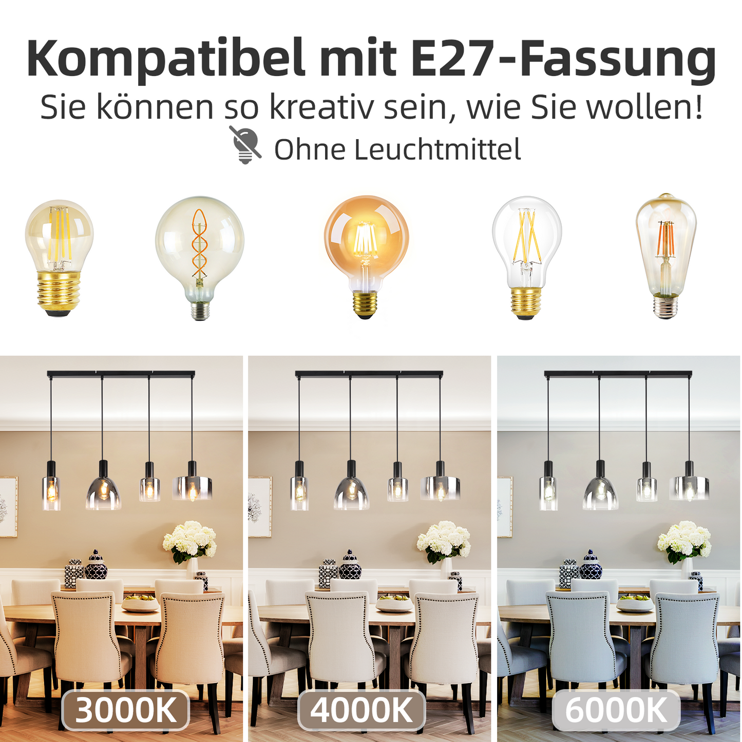Pendelleuchte H?ngelampe Esstisch 4 Flammig H?ngeleuchte- E27 Vintage Esszimmerlampe H?ngend Pendellampe H?henverstellbar Glas Retro f¨¹r Schlafzimmer Wohnzimmer (ohne Leuchtmittel)