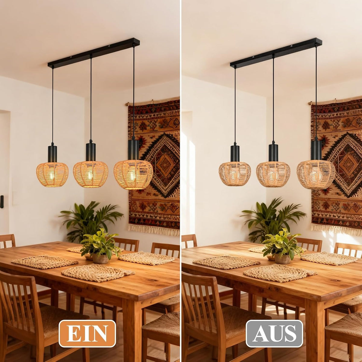 ZMH Hängelampe Boho Pendelleuchte Rattan 3-1 Flammig Esstischlampe