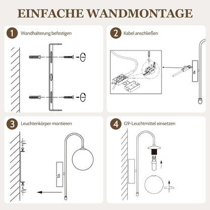 ZMH Wandleuchte Innen Wandlampe Schlafzimmer G9 Flurlampe Gold Glaskugel