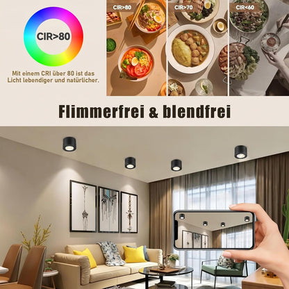 ZMH 4 Stück LED Aufbauspot Schwarz/Weiß Spots Deckenleuchte Dimmbar Ø80x50mm