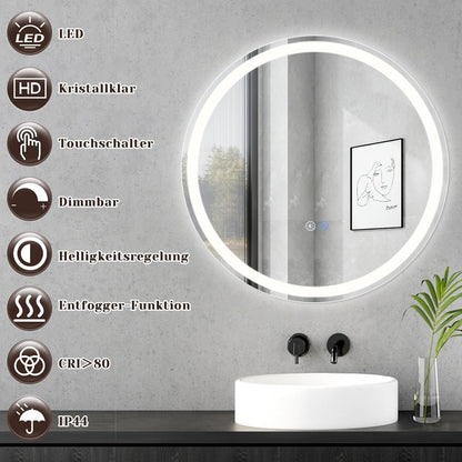 ZMH Spiegel Bad Badezimmerspiegel mit Beleuchtung - LED Badspiegel Rund 70cm Wandspiegel Badezimmer Dimmbar 3000K-6500K mit Touch-Schalter und Entfogger-Funktion