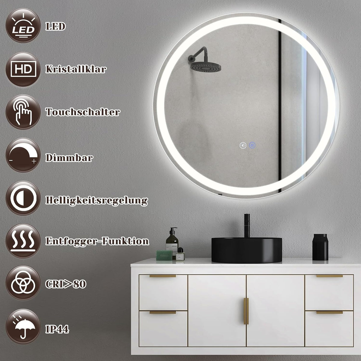 ZMH Spiegel Badezimmer Badezimmerspiegel mit Beleuchtung - LED Badspiegel Rund 80cm Wandspiegel Bad mit Touch-Schalter und Entfogger-Funktion IP44 Lichtspiegel Dimmbar 3000K-6500K