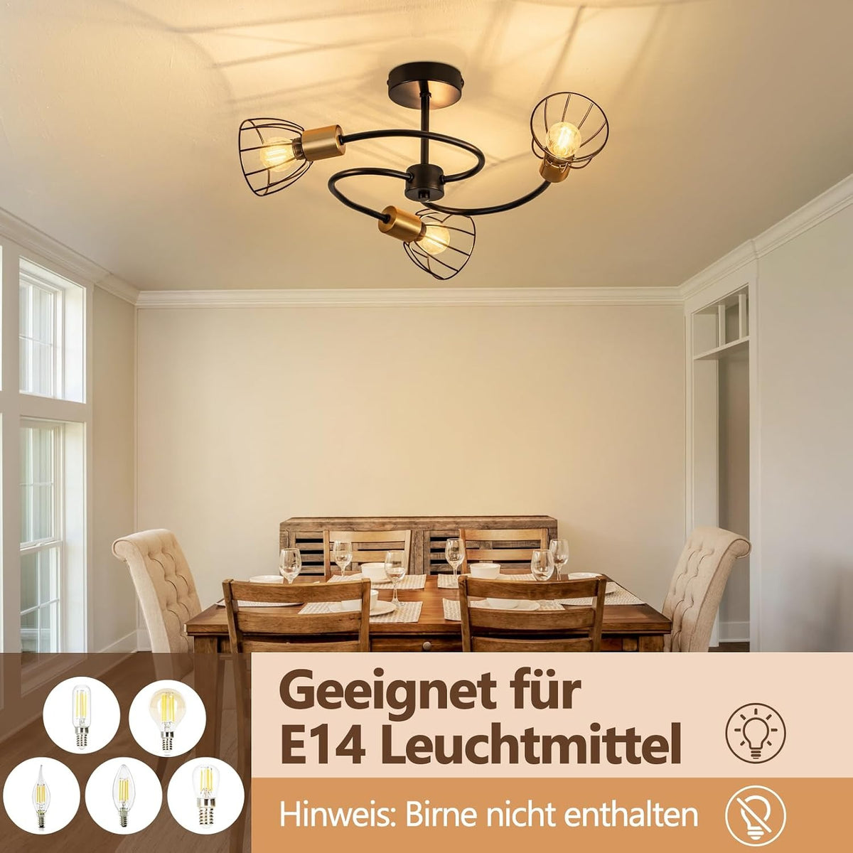 ZMH Deckenleuchte Schwarz E14 Deckenlampe Vintage Metall 3 Flammig