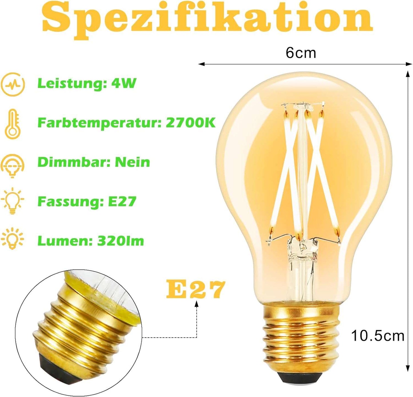 ZMH 6 Stück LED Glühbirne E27 Vintage Lampe - A60 Warmweiss Filament Leuchtmittel Edison Retro Glühlampe 2700K 4W Warmweiß Birne Glas Antike Energiesparlampe für Hotel Haus Café Bar