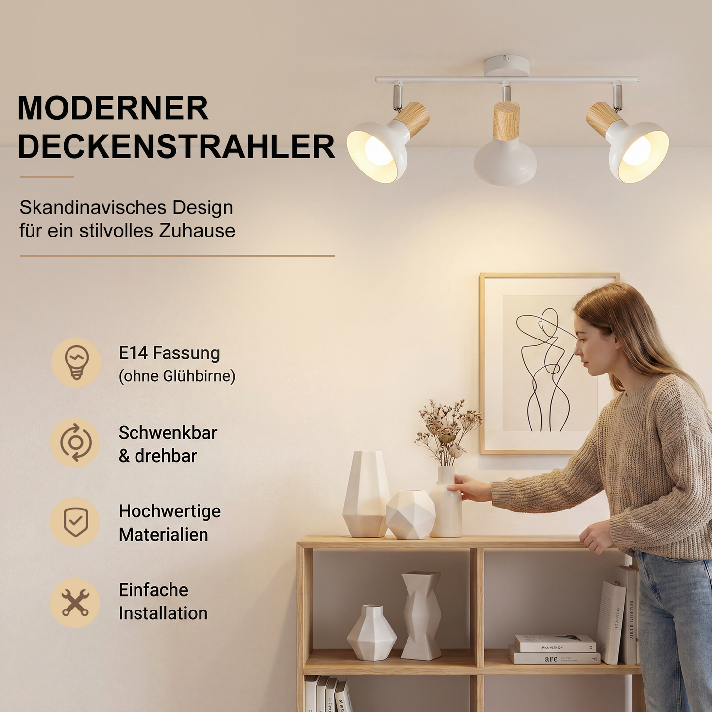 ZMH Deckenstrahler 3 Flammig Deckenleuchte Vintage - Deckenlampe Flur Weiß Deckenspots E14 Strahler Innen Industrial Metall 350°Schwenkbar Spots für Schlafzimmer Wohnzimmer(Ohne Leuchtmittel)