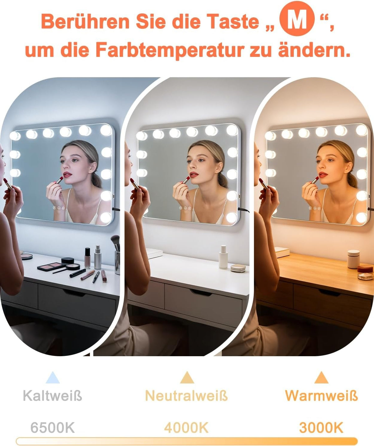 ZMH Hollywood Schminkspiegel Spiegel mit Beleuchtung - 50×40CM LED Vanity Mirror Klein Kosmetikspiegel mit Licht Tischspiegel 3 Modi Schminktischspiegel Touch Dimmbar