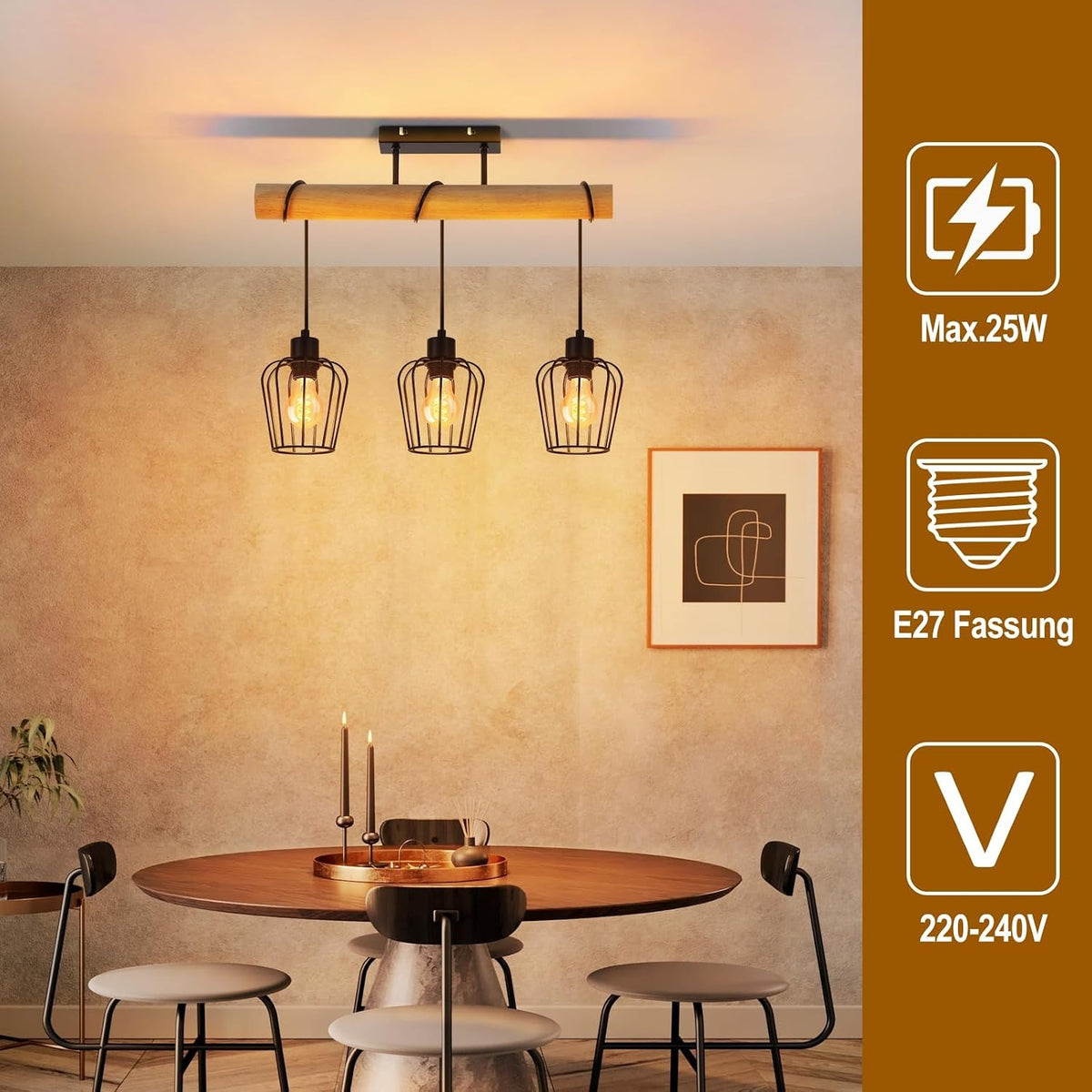 ZMH Deckenleuchte Holz Vintage Deckenlampe Küche Schwarz Küchenlampe E27